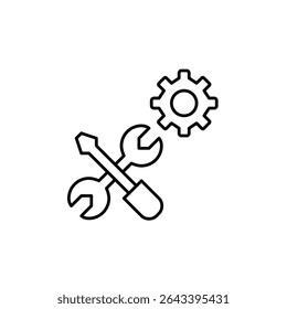 Werkzeuge, Schraubendreher, Schraubenschlüssel und Zahnrad. Systemwartung, erweiterte Einstellungen, technische Tools, Konfigurationsdienstprogramme, Admin Controls. Pixel perfekt, bearbeitbares Strichvektorsymbol
