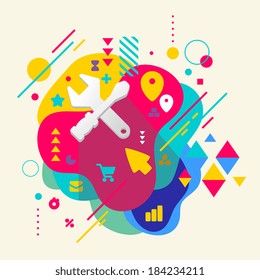 Tools screwdriver and wrench on abstract colorful spotted background with different elements. Flat design.