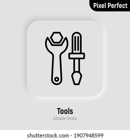 Herramientas: destornillador y llave. Reparación, reparación, servicio de soporte. Icono de línea delgada. Perfecto de píxeles, trazo editable. Ilustración vectorial.