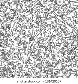 Tools seamless pattern in black and white (repeated) with mini doodle drawings (icons). Illustration is in eps8 vector mode.