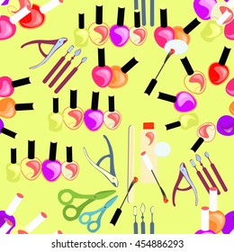 Tools seamless pattern of care for hands and nails of women in yellow vector illustration