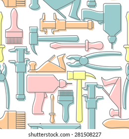 Tools seamless pattern. Drill and hammer, screwdriver and a plane. Vector Background pastel gentle tones.
