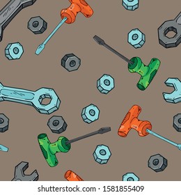 Tools seamless pattern. Vector illustration set of wrenches, bolts, screwdriver seamless pattern. Background from the tools a screwdriver, bolts, wrench.