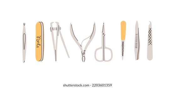 Tools for self-manicure. Scissors, nail files, as well as tweezers and wire cutters. Isolated vector illustration