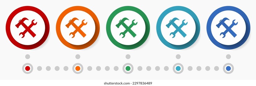 Herramientas, concepto de servicio conjunto de iconos vectoriales, diseño plano botones coloridos, plantilla infográfica en 5 opciones de color