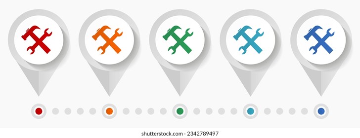 Tools, service concept vector icons, editable infographic template, set of colorful flat design pointers