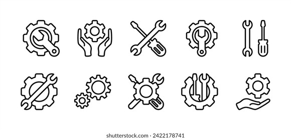 Conjunto de iconos Herramientas y Servicio. Con llave, destornillador, spanner y símbolo del icono de la marcha para reparación, configuración, mantenimiento, instalación, técnica. Ilustración del vector