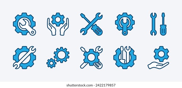 Tools and Service icon set. Containing wrench, screwdriver, spanner and gear icon symbol for repair, settings, maintenance, installation, technical. Vector illustration