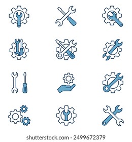 Tools und Service-Symbole im Linienstil festgelegt. Mit Schlüssel, Hummer, Schraubendreher, Wartung, Installation, technische. Einstellsymbol, Reparatur, Servicezeichen, Vektorgrafik