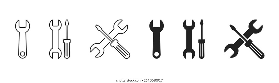 Tools and service icons set. Repair tools icon set including wrench, gear, screwdriver. Editable stroke. Vector