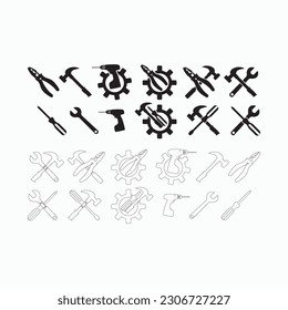 Tools and Service icons set. Wrench, screwdriver and gear icon. Screwdriver and wrench glyph icon. Settings and repair, service sign