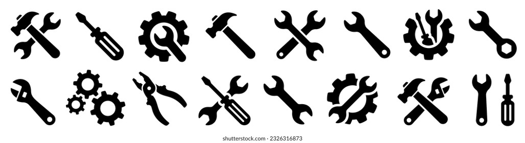 Tools and Service icons set. Wrench, screwdriver and gear icon. Screwdriver and wrench glyph icon. Settings and repair, service sign - stock vector.