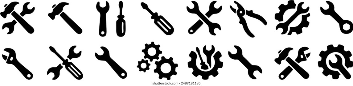 Tools und Service-Symbole eingestellt. Schraubenschlüssel, Schraubendreher und Zahnradsymbol. Schraubenzieher und Schraubenschlüssel Symbol. Einstellungen und Instandsetzung, Serviceschild