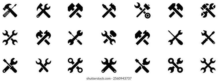 Tools and Service icons set. Wrench, screwdriver and gear icon. Screwdriver and wrench glyph icon. Settings and repair, service sign. Tool icon set. Instrument collection. Vector Illustration. EPS 10