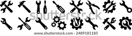 Tools and Service icons set. Wrench, screwdriver and gear icon. Screwdriver and wrench glyph icon. Settings and repair, service sign