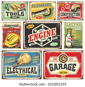 Tools, service and repair retro signs and posters collection on old paper and metal textures. Crafts and maintenance, plumbing, constructions and electrical work vintage advertisements set. Vector.