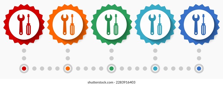 Tools, service vector icon set, colorful infographic template, set of flat design badge icons in 5 color options
