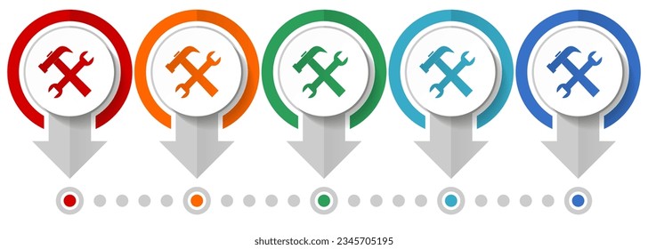 Tools, service vector icon set, flat design infographic template, set pointer concept icons in 5 color options for webdesign and mobile applications