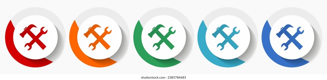 Tools, service vector icon set, flat design colorful round icons in 5 color options for webdesign and mobile applications