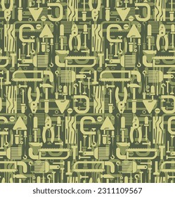 Tools set army pattern seamless. Tool Military background. saw and brush, hammers, pliers. Trowel and clamp.