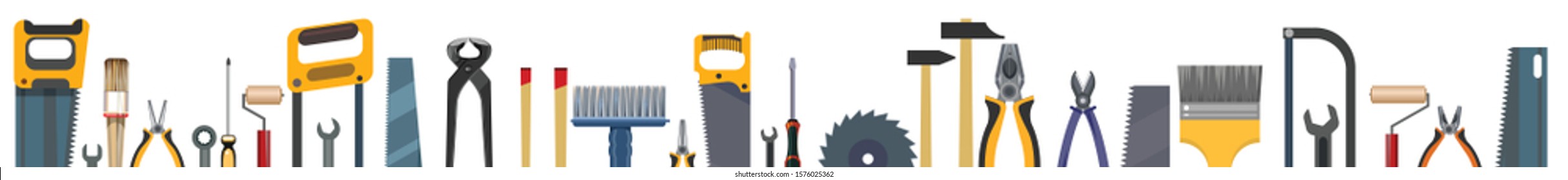 Tools. Set. The background is horizontal. Lower. Screwdrivers, hammers, wrenches, saws, pliers, rollers, brushes, files. Collection. Tools carpenter, locksmith, workshop, workbench, garage. Vector.