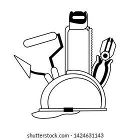 tools set collection workshop helmet plier hacksaw icons cartoon vector illustration graphic design