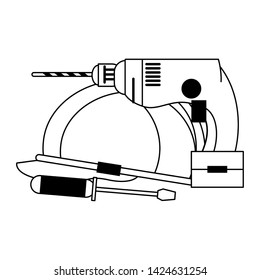 tools set collection workshop helmet drill screwdriver icons cartoon vector illustration graphic design