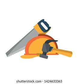 tools set collection workshop helmet hammer saw icons cartoon vector illustration graphic design