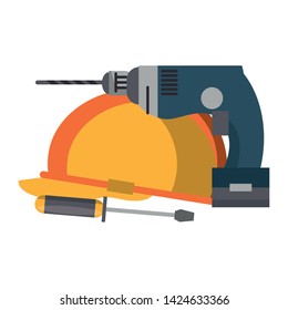 tools set collection workshop helmet drill screwdriver icons cartoon vector illustration graphic design