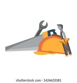 tools set collection workshop helmet wrenches plier saw icons cartoon vector illustration graphic design