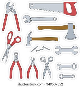 Tools set colorful in vector. Spanner and Pliers, Saw and Scissors and other man tools.