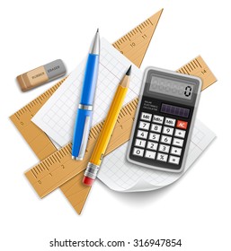 Tools set for education, pencil, pen, calculator, rulers and rubber. Eps10 vector illustration. Isolated on white background