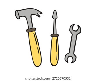 Werkzeugsatz mit Hammer-Schraubendreher und Schraubenschlüssel, handgezeichnete Doodle. Vektorgrafik.