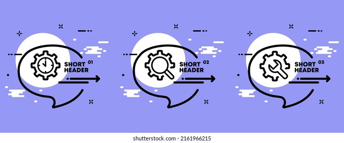 Tools setzen Symbol. Zahnräder, Zeit, Uhr, schnell, Lupe, Schlüssel, Reparatur. Reparaturkonzept. Infografische Zeitleiste mit Symbolen und 3 Schritten. Vektorsymbol für Business und Werbung.