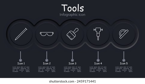 Tools set icon. Nail, self tapping screw, glasses, spark protection, pencil, paint, jackhammer, ruler, infographic, neomorphism. Cargo transportation concept.