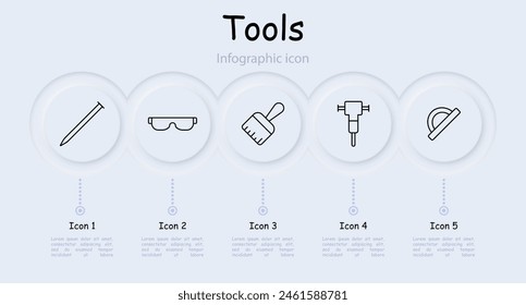 Tools set icon. Nail, self tapping screw, glasses, spark protection, pencil, paint, jackhammer, ruler, infographic, neomorphism. Cargo transportation concept.