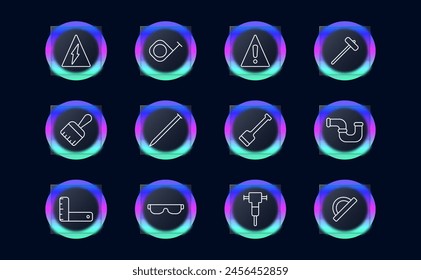 Icono de Herramientas. Cinta métrica, señal de peligro, fregona, mazazo, tubería, accesorios de plomería, escoba, pala, cepillo, Regla, medida, martillo, vasos, equipo pesado, vidrio morfismo. Concepto de Instrumentos.