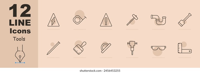 Icono de Herramientas. Cinta métrica, señal de peligro, fregona, mazazo, tubería, accesorios de plomería, escoba, pala, cepillo, Regla, medida, martillo, vasos, equipo pesado, Regla de carbón. Concepto de Instrumentos.