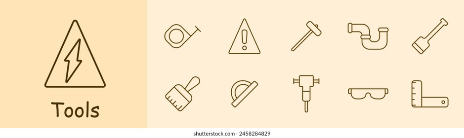 Icono de Herramientas. Cinta métrica, señal de peligro, fregona, mazazo, tubería, accesorios de plomería, escoba, pala, cepillo, Regla, medida, martillo, vasos, equipo pesado, Regla de carbón. Concepto de Instrumentos.