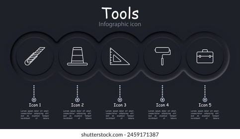 Icono de Herramientas. Cinta métrica, infografía, fregona, martillo, tubería, accesorios de fontanería, escoba, pala, cepillo, Regla, medida, neomorfismo, Regla de carbón. Concepto de Instrumentos.