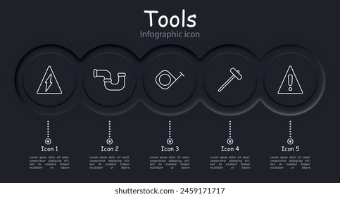 Icono de Herramientas. Cinta métrica, signo de peligro, fregona, martillo, tubería, accesorios de fontanería, escoba, Regla, medida, martillo, gafas, infografía, neomorfismo. Concepto de Instrumentos.