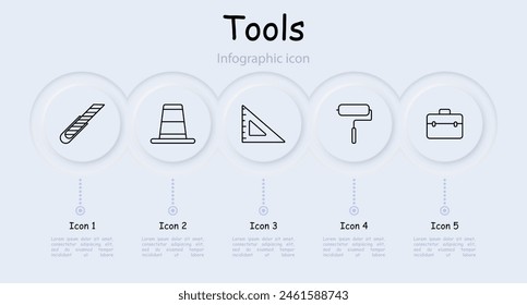 Icono de Herramientas. Cinta métrica, infografía, fregona, martillo, tubería, accesorios de fontanería, escoba, pala, cepillo, Regla, medida, neomorfismo, Regla de carbón. Concepto de Instrumentos.