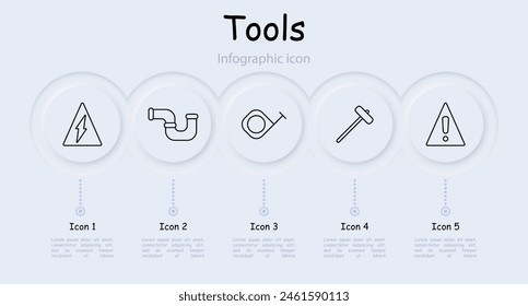 Icono de Herramientas. Cinta métrica, signo de peligro, fregona, martillo, tubería, accesorios de fontanería, escoba, Regla, medida, martillo, gafas, infografía, neomorfismo. Concepto de Instrumentos.