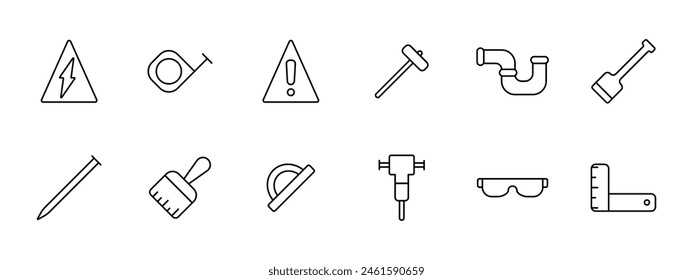 Icono de Herramientas. Cinta métrica, señal de peligro, fregona, mazazo, tubería, accesorios de plomería, escoba, pala, cepillo, Regla, medida, martillo, vasos, equipo pesado, Regla de carbón. Concepto de Instrumentos.