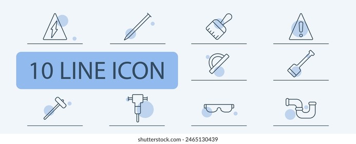 Tools set icon. Tape measure, danger sign, mop, sledgehammer, pipe, plumbing fixtures, broom, shovel, brush, ruler, measurement, hammer, glasses, heavy equipment, charcoal ruler. Instruments concept.