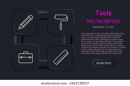 Tools set icon. Tape measure, mop, accessory box, neomorphism, plumbing fixtures, case, measurement, hammer, pencil, roller, ruler. Instruments concept.