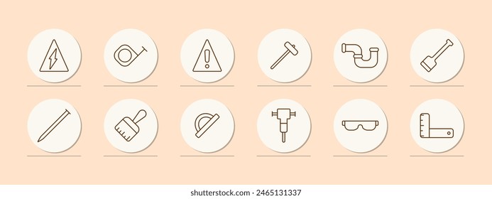 Icono de Herramientas. Cinta métrica, señal de peligro, fregona, mazazo, tubería, accesorios de plomería, escoba, pala, cepillo, Regla, medida, martillo, vasos, equipo pesado, Regla de carbón. Concepto de Instrumentos.