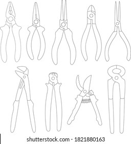 Tools set. Isolated line-art equipment on white bacground. Pliers, pump, long-nose, flush cutter, cutting, insulated, electronic. Vector illustration. Equipment shop decoration. 