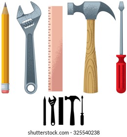 Tools: Set of tools over white background. Silhouette versions included.