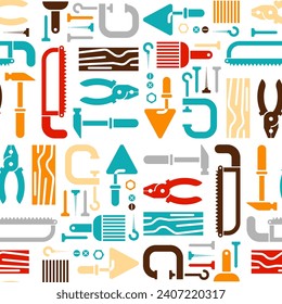 Tools set pattern seamless. Tool background. saw and brush, hammers, pliers. Trowel and clamp.